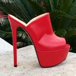Rontic Handmade Women Summer Platform Mules Sandals Faux Leather Stiletto Heels Peep Toe Beautiful Red Purple Shoes US Size 5-20