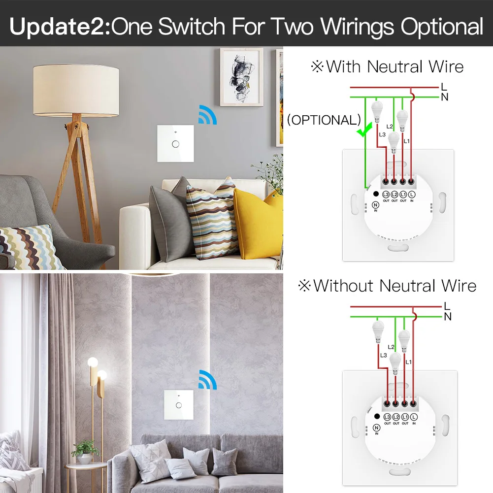 Interruptor de luz inteligente, dispositivo táctil de pared, neutro/sin neutro, sin condensador, compatible con Smart Life, Tuya, Alexa y Google, 2/3 vías