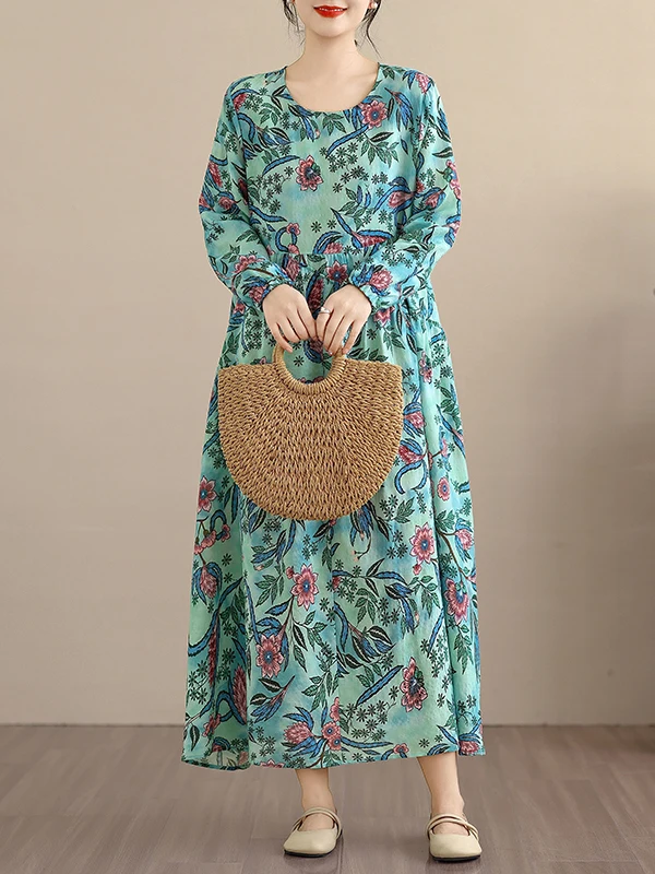 กระโปรงยาวทรงหลวมพิมพ์ลายศิลปะย้อนยุคสำหรับผู้หญิง ฤดูใบไม้ผลิ ฤดูใบไม้ร่วง ผ้าฝ้ายลินิน แต่งลูกไม้ลายดอกไม้