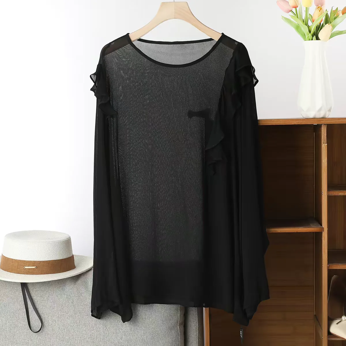 Blusa de encaje vintage con volantes de talla grande, blusa blanca de gasa de manga larga, top holgado elegante, camisa roja para mujer, primavera, 5XL