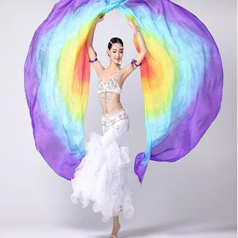 100% Silk Oriental Dance Silk Veils Isis Wings With Stick No Stick Stage Performance Props Tie Dye Half Circle