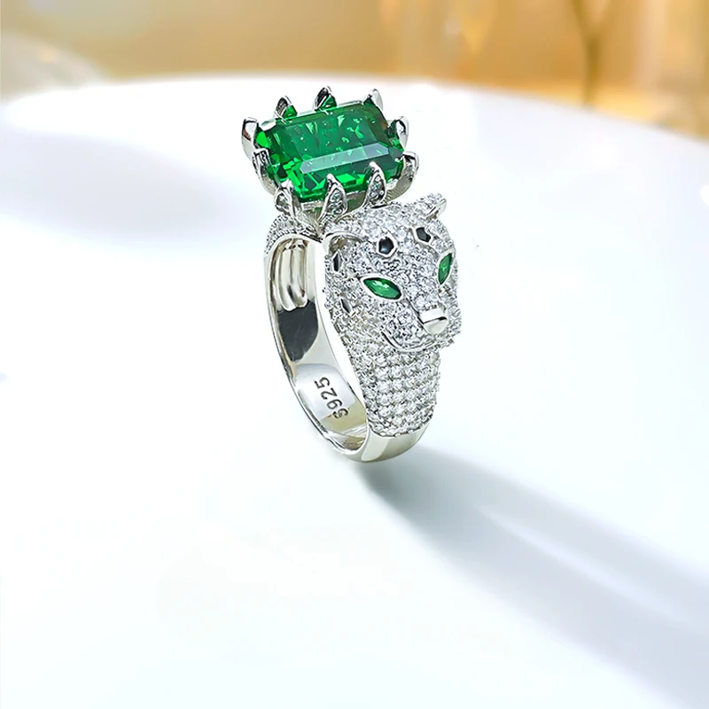 

Heavy Industry Artificial Emerald Leopard 925 Sterling Silver Ring Set with High Carbon Diamond Full Diamond Wedding Jewelry