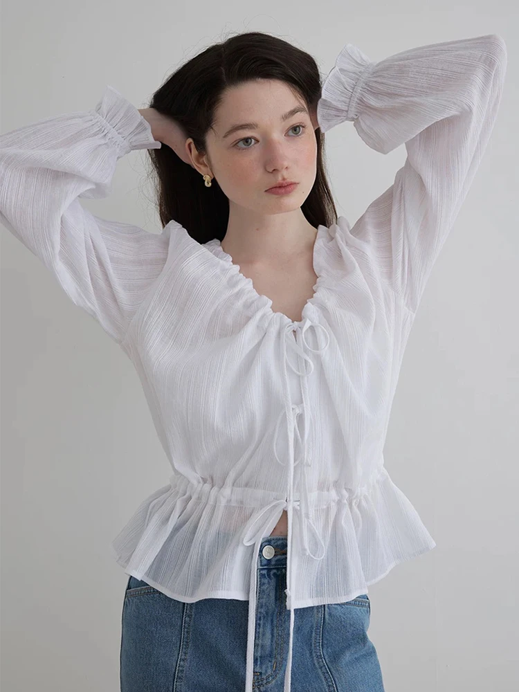 

Chic Pleated Drawstring Cotton Shirt Korean Style Commute Fashion Loose Fit Bubble Sleeve V-Neck Women's Breathable Shirt