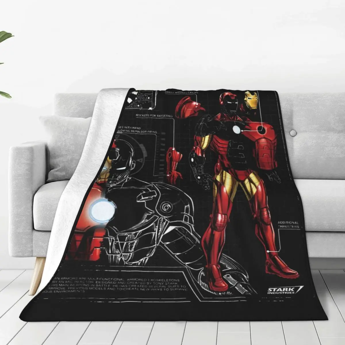 

Iron Man Armor Plated Suit Blue Print Schematic Throw Blanket Flannel Bedspread DecorGraphic Sofa Bed Cover