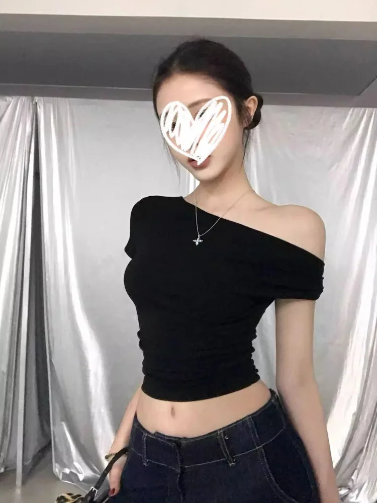 Sexy American Style Twist Knot Shoulder T-shirt Women's Summer New Design Slimming Folded Waist Design Short Sleeve Top