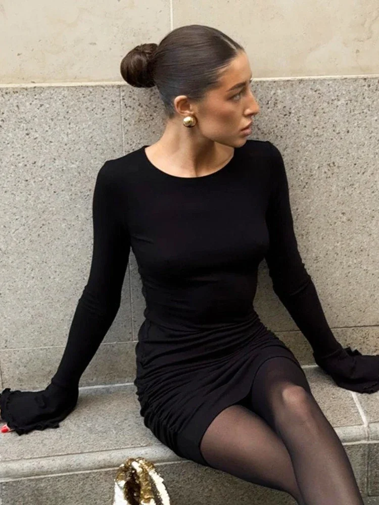 ファッションラウンドネックフレアスリーブプリーツボディコンワンピース無地ハイウエストスリムパーティードレスイブニング女性用ミニドレス2025