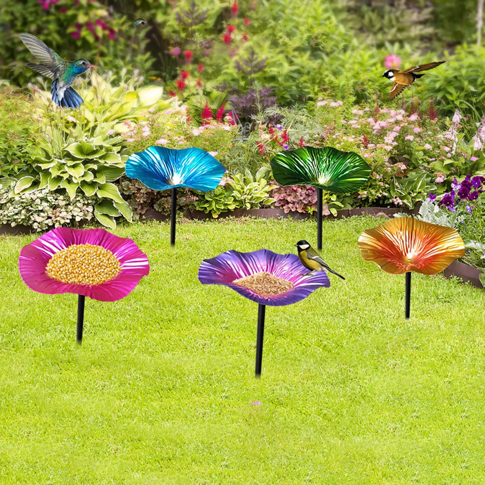 Bird Baths Anti-Rust Metal Bird Feeder with Stake for Outdoor Garden Backyard Bird Lovers Wild Bird Feeding Accessory