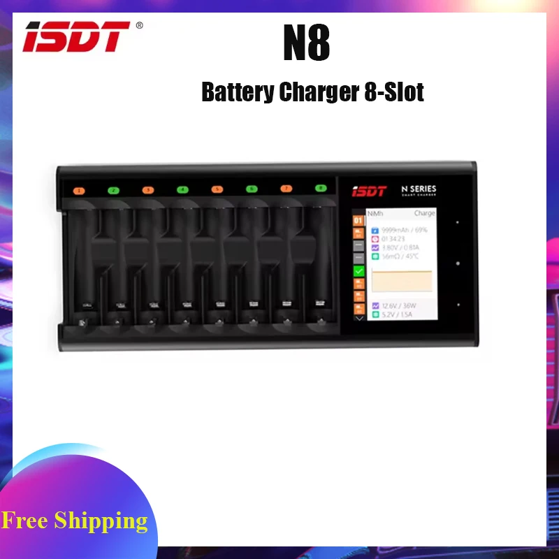 

ISDT N8 LCD Display Universal Battery Charger 8-Slot Speedy Smart Battery Fast Charger for Rechargeable Batteries AA AAA Li-lon
