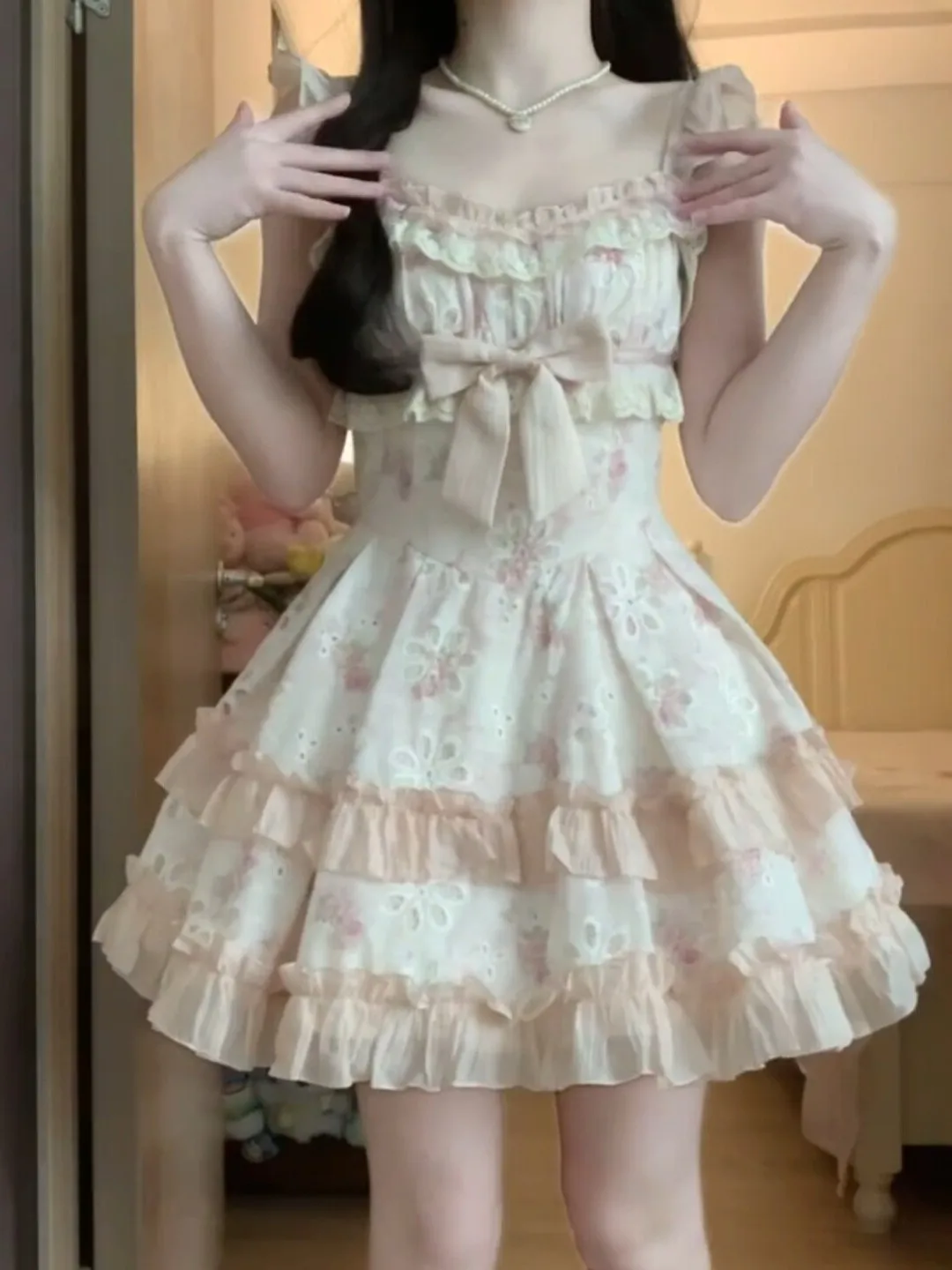 

Sweet Floral Waist-Cinching Puffy Princess Dress Gentle Style Summer Collection Women's Fashion High Waist Baked Skirt Dress