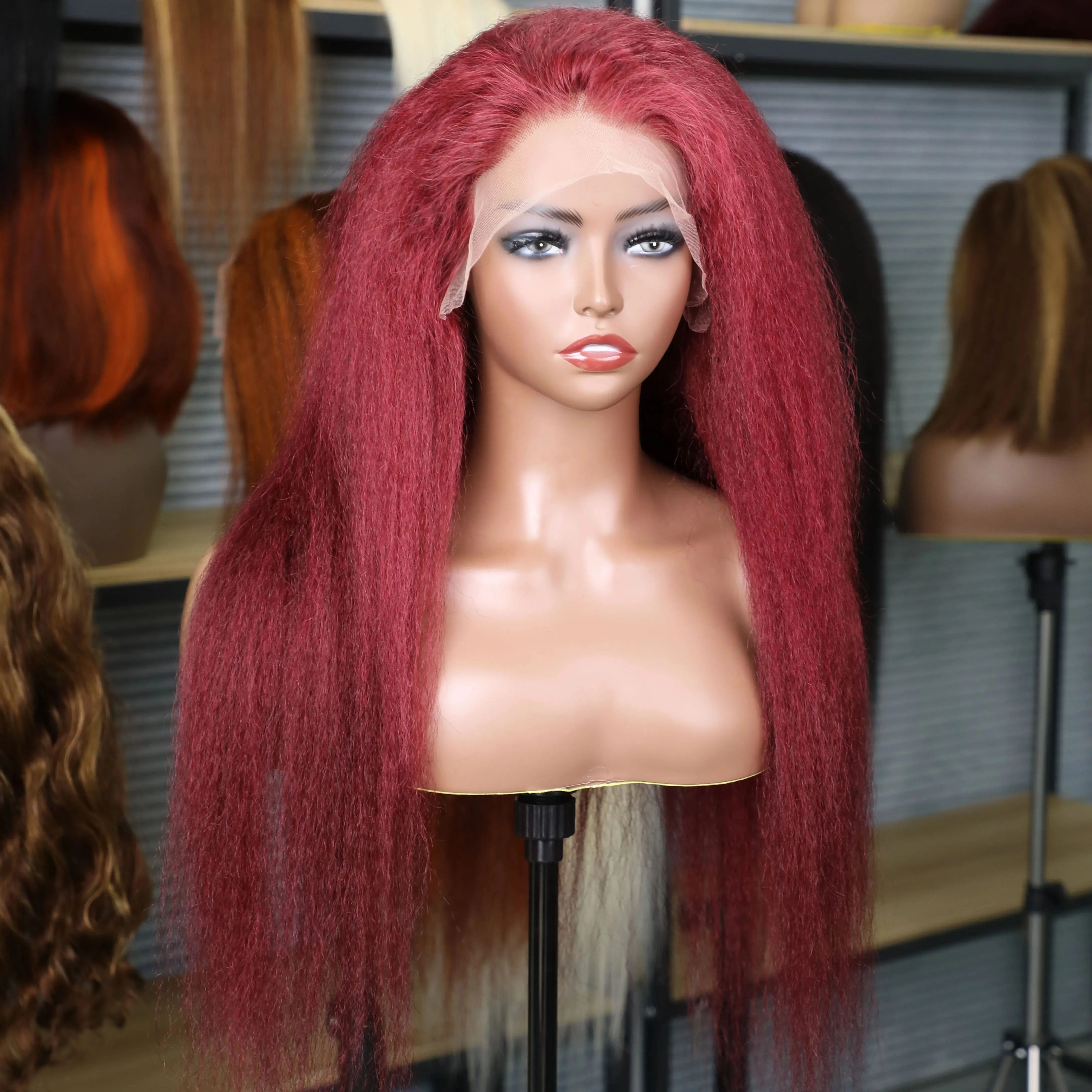 

Kinky Straight 99J Burgundy 13x6 HD Lace Frontal Human Hair Wigs Brazilian Remy Yaki Straight Wine Red Color 13x4 Lace Front Wig