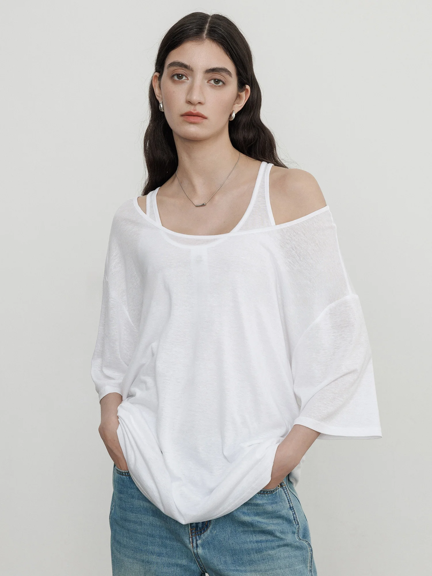 

Летний женский топ Maiher с открытыми плечами и рукавом до локтя, имитация двухслойности, из льна и шелка, в повседневном стиле, вязаный, средней длины, футболка-поло