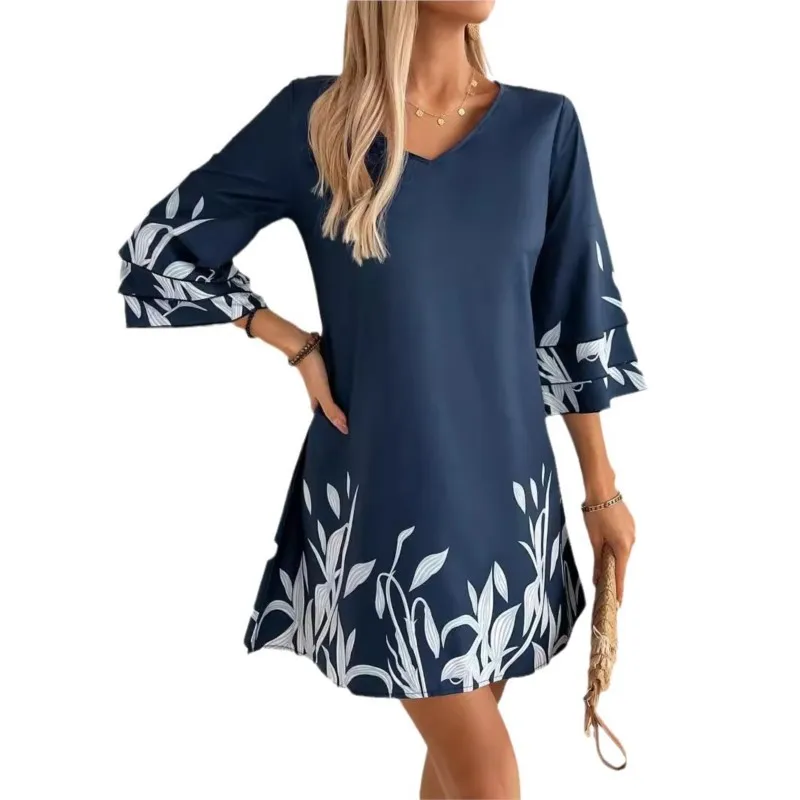 Dresses Spring Summer 2024 For Woman New Flower Printing V-Neck Long Flare Sleeve Elegant Casual Loose Vintage Female's Vestidos