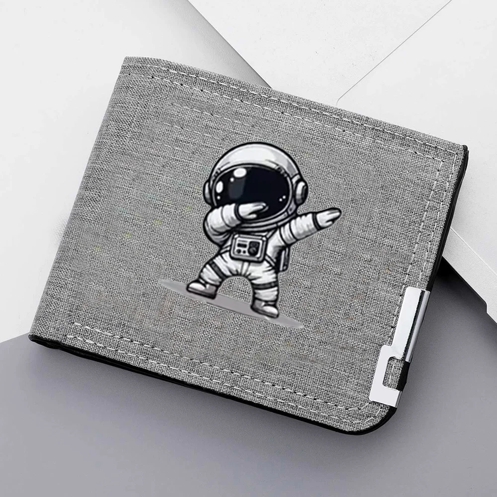 Canvas Men Wallet Astronaut Print Bifold Multi Card Slots ID Window Zipper Coin Purse for Teen Students