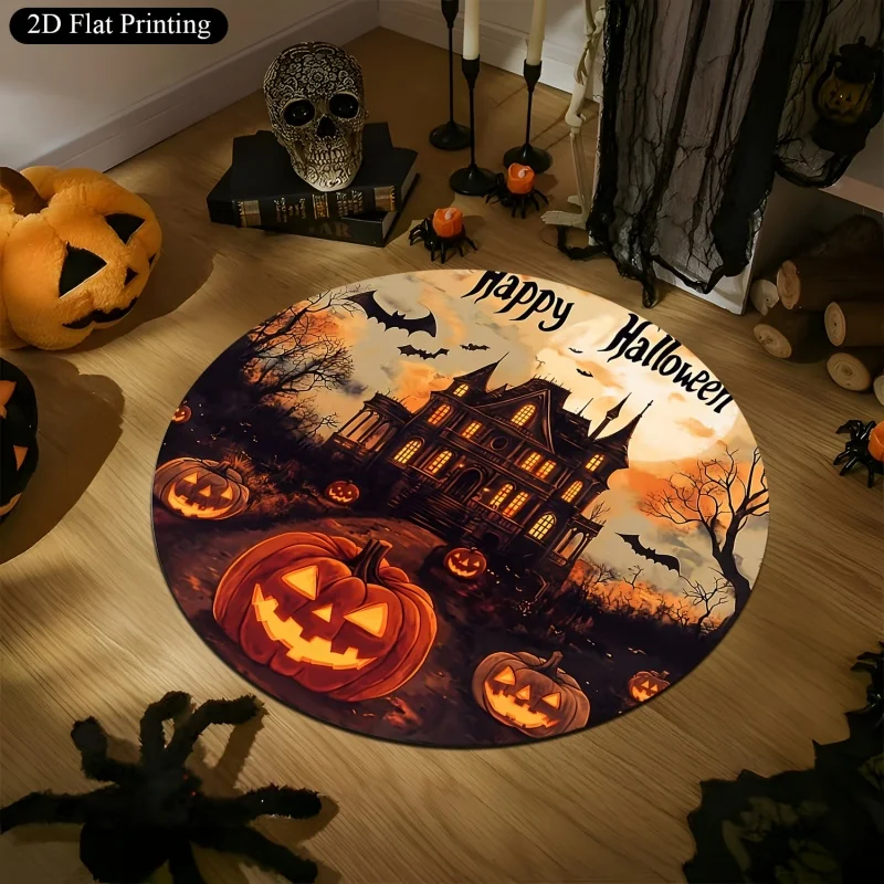Pumpkin Witch Hat Halloween Round Rug, Black Cat Haunted Castle Printed Circular Floor Carpet, Indoor Decor