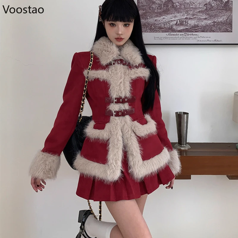 Koreanische 2 Stück Rock Set Frauen elegante Kunst pelz Patchwork Y2k Jacke Mini Falten rock Anzug weibliche Freizeit mode rote Mantel Sets