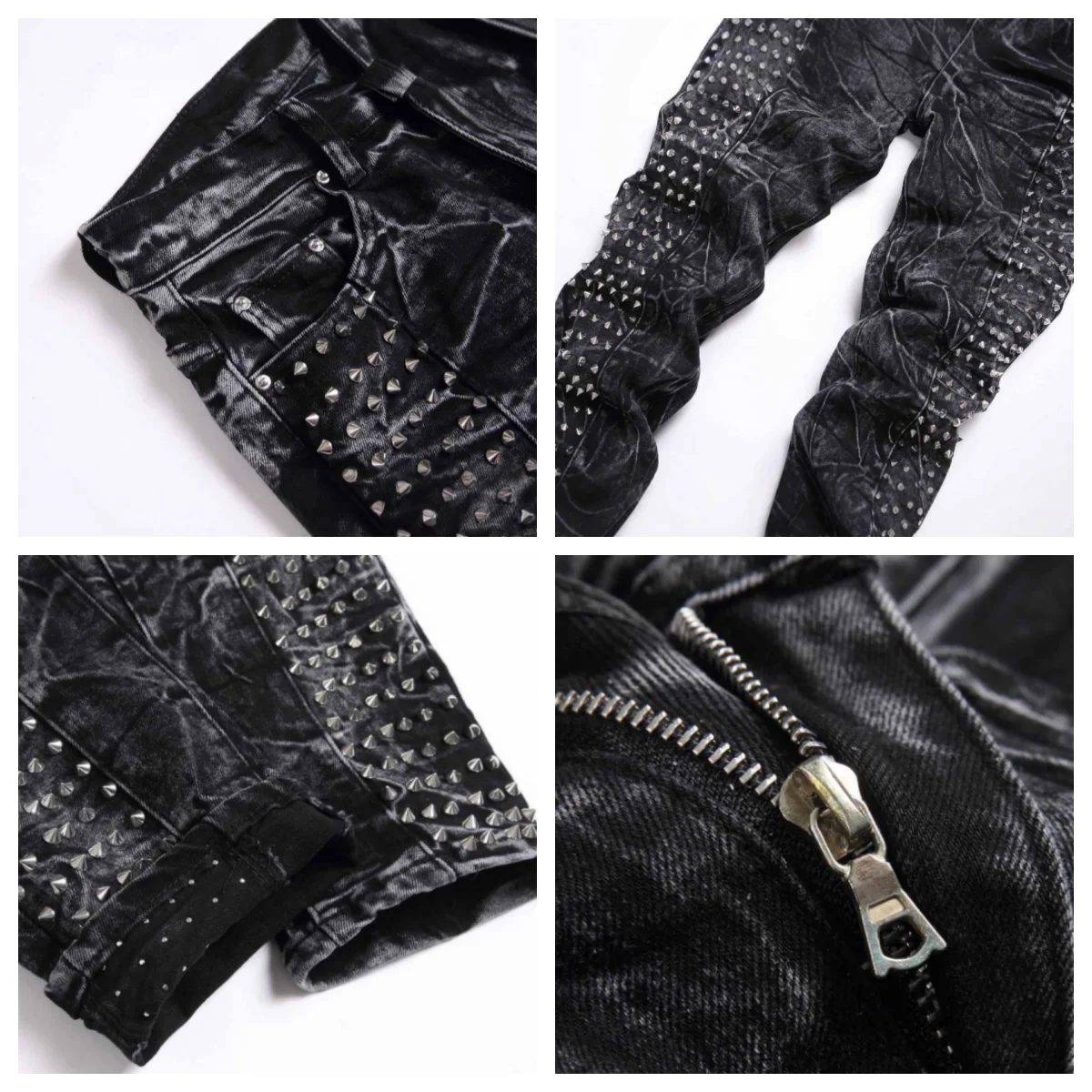 2025 new retro punk high street trendy rivet design black slim fit buckle men's jeans fashion classic denim pants