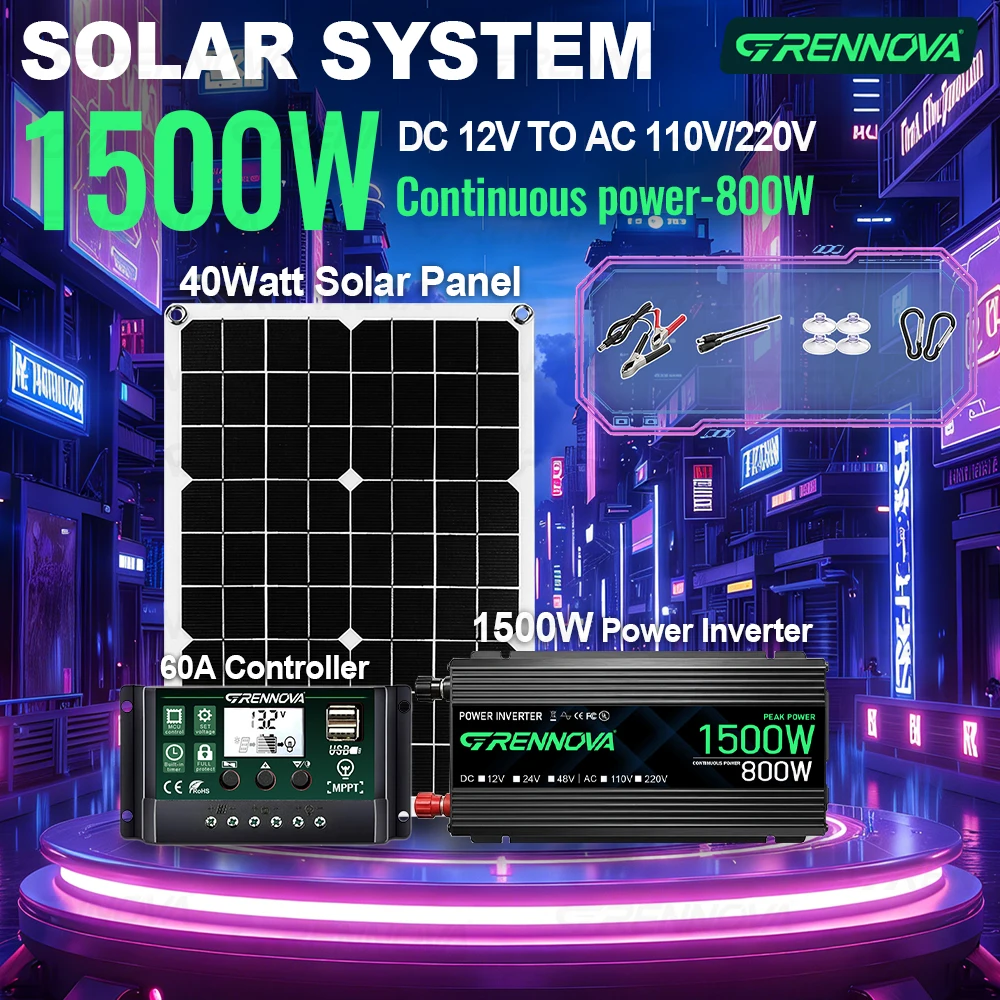 Solar System Complete Kit 1500W Inverter (750W Rated) 40W Panel 60A Controlle 12V To 110V/220V for Home Appliances Camping RV