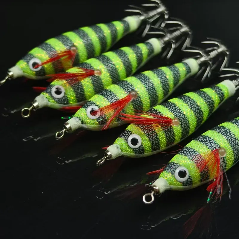 5 Stück UV-Leuchtende Tintenfisch-Köder Egi-Köder Gestreifter Hartköder Realistisches Auge Rote Feder Scharfer Schirmhaken für Salzwasser-Tintenfische – Detail 6