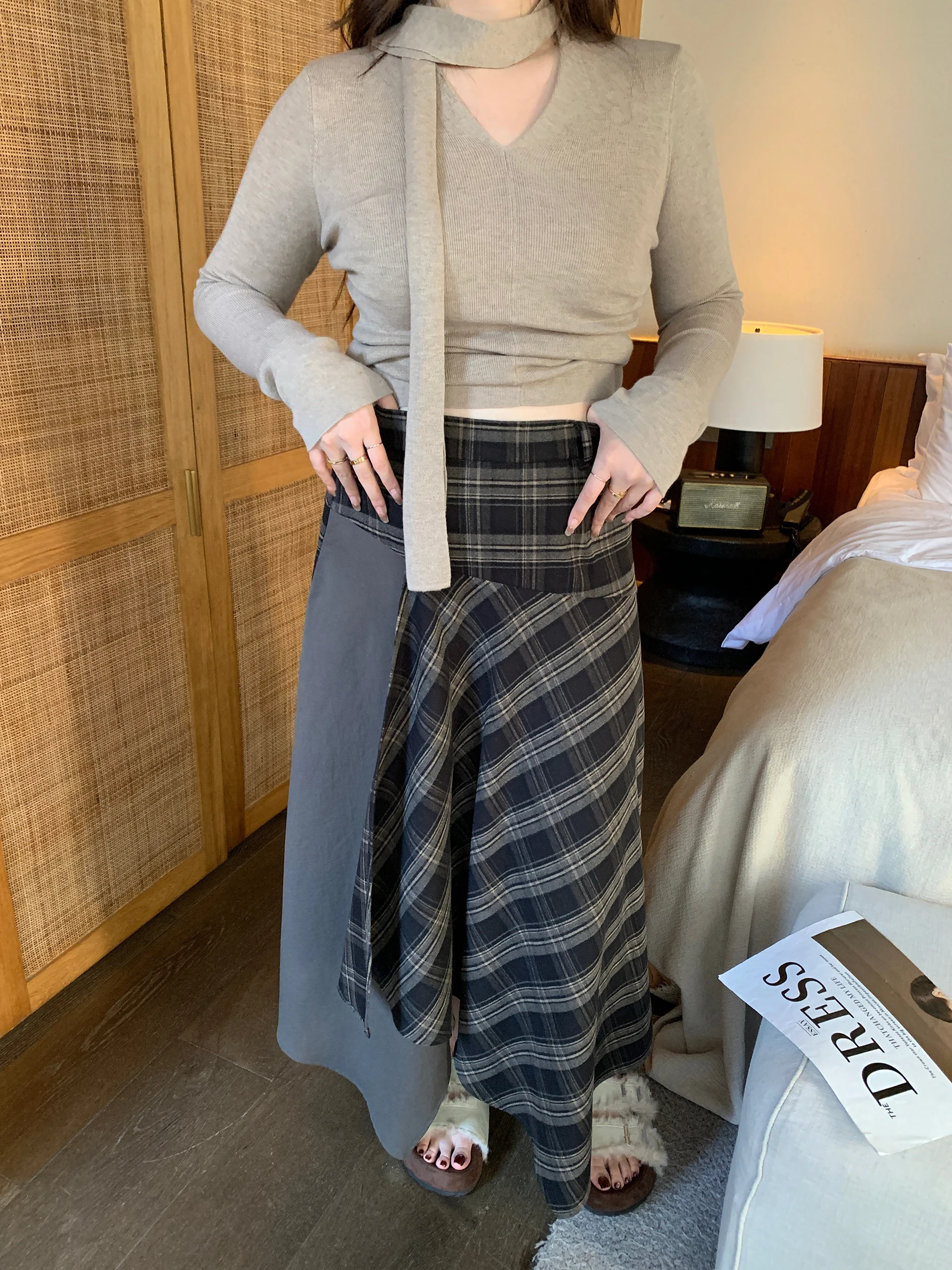 

Юбка-трапеция Ретро-дизайн Лоскутная клетчатая юбка больших размеров Миди Асимметричная Ci Commute Повседневная женская юбка для путешествий