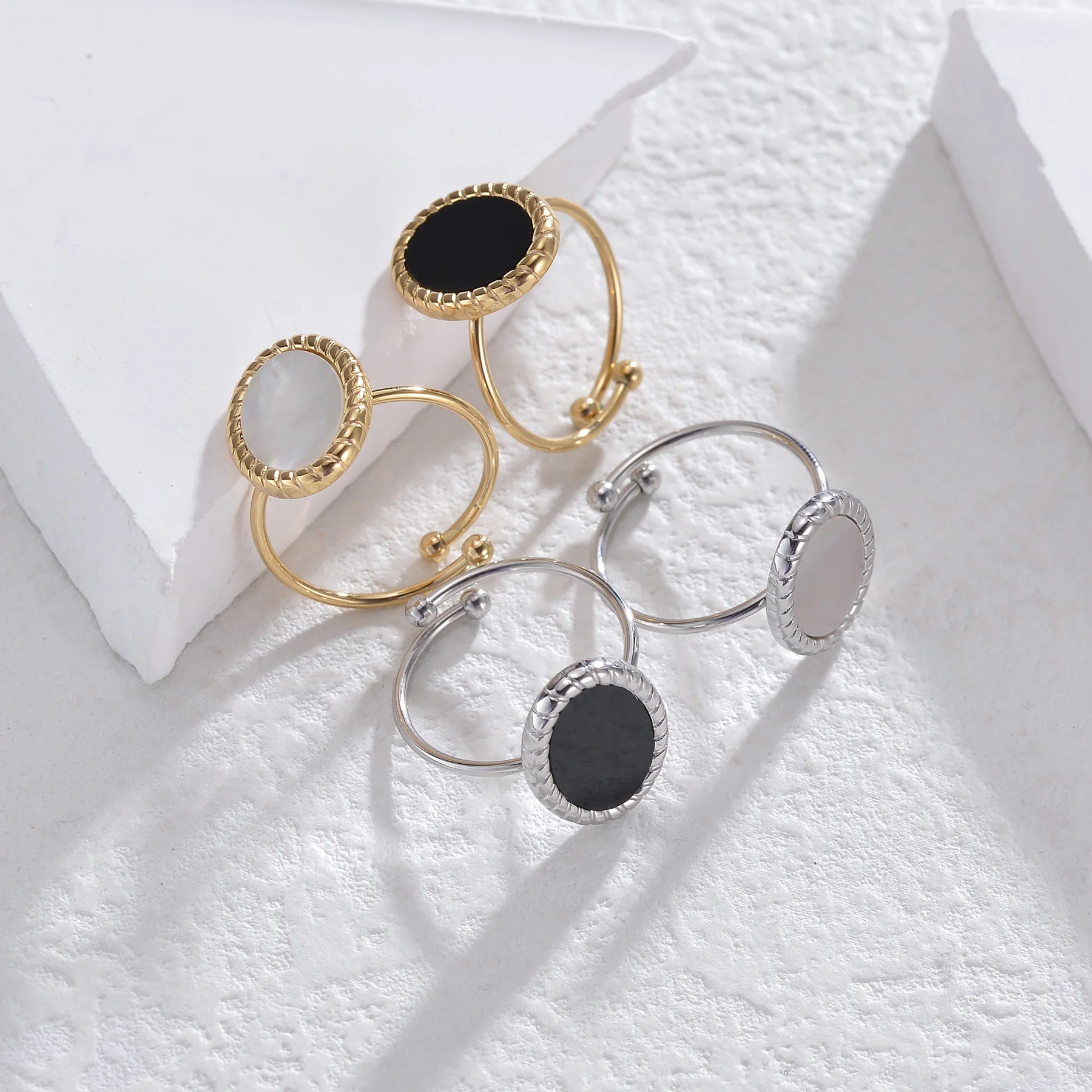 남성용 골드 컬러 스테인레스 스틸 데이트 반지, 타원형 화이트 쉘 오픈 반지, 주얼리 약혼 기념일 선물, 패션