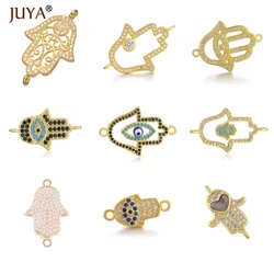 Juya 시리즈 구리 금속 상감 지르콘 Hamsa 손 매력 커넥터 파티마 핸드 쥬얼리 결과 팔찌 만들기 액세서리