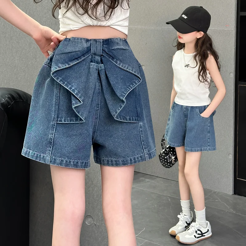 Stylish Kids Girl Summer Denim Shorts with Bow on the Back Tweens Child High Fashion Mini Jeans Shorts 5 6 7 8 9 10 11 12 13 14Y