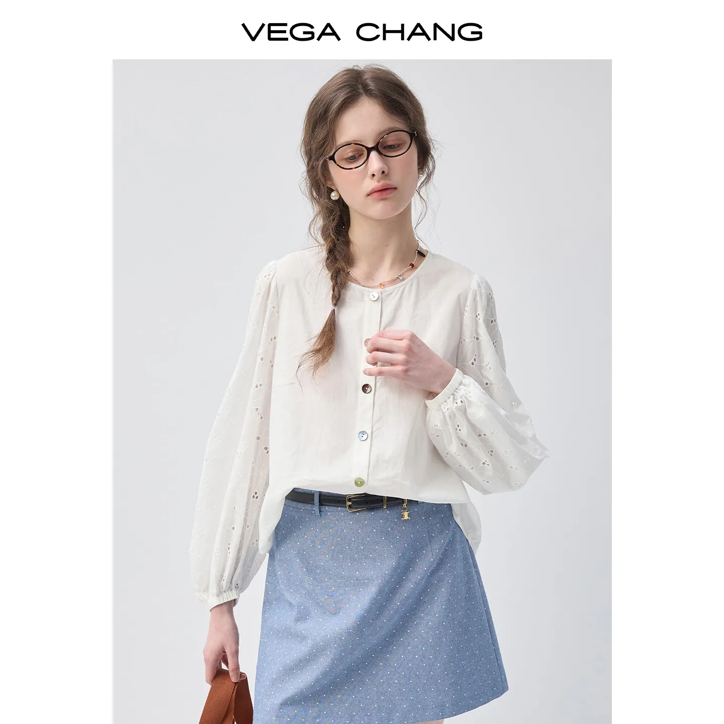 

Женская рубашка Vega Chang из чистого хлопка во французском стиле, новинка лета 2026, с текстурированными рукавами-фонариками