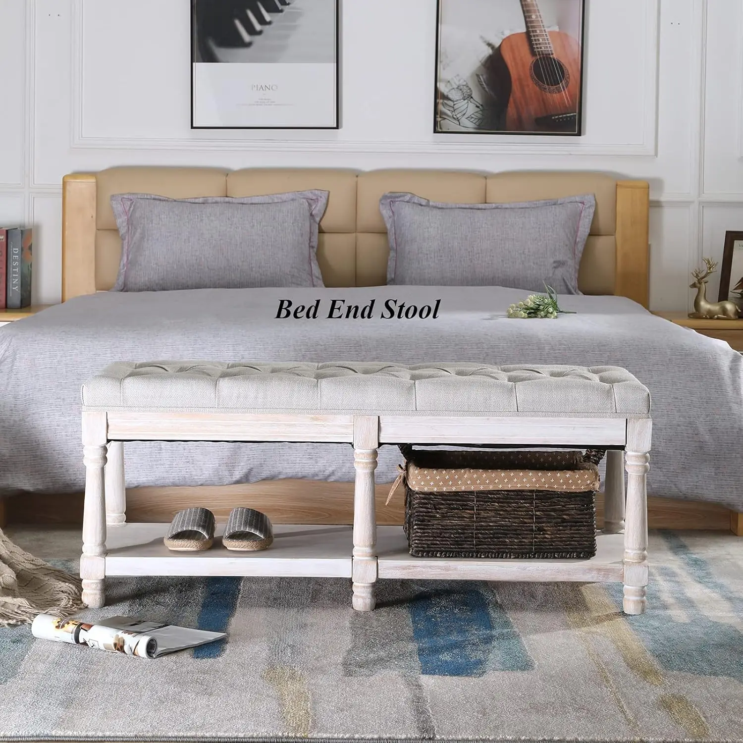 Century getuftete Aufbewahrungsbank mit Regal, mit Leinen gepolsterter Bauernhaus-Eingangshocker, Beige