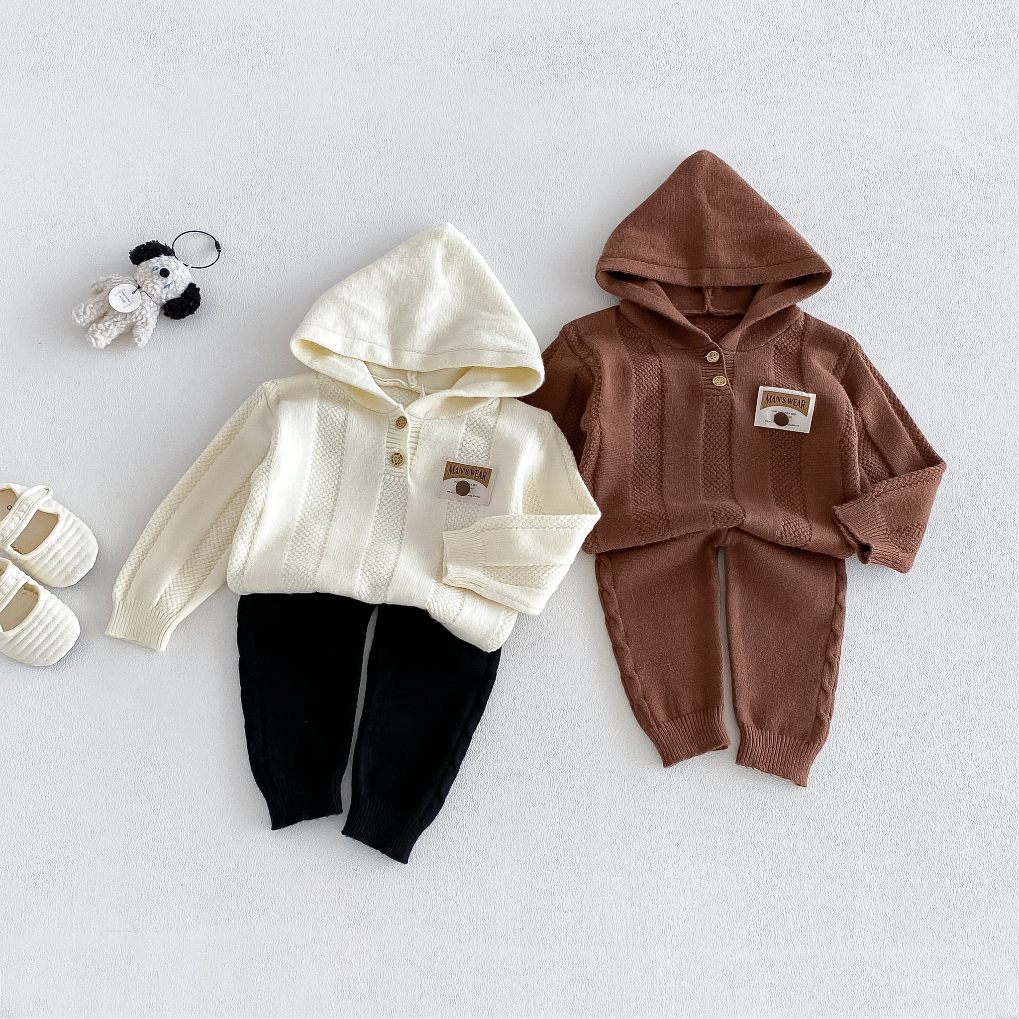 2026 Fall/winter new arrival boys' hooded onesie sweater set. casual embroidered printed knit outfit