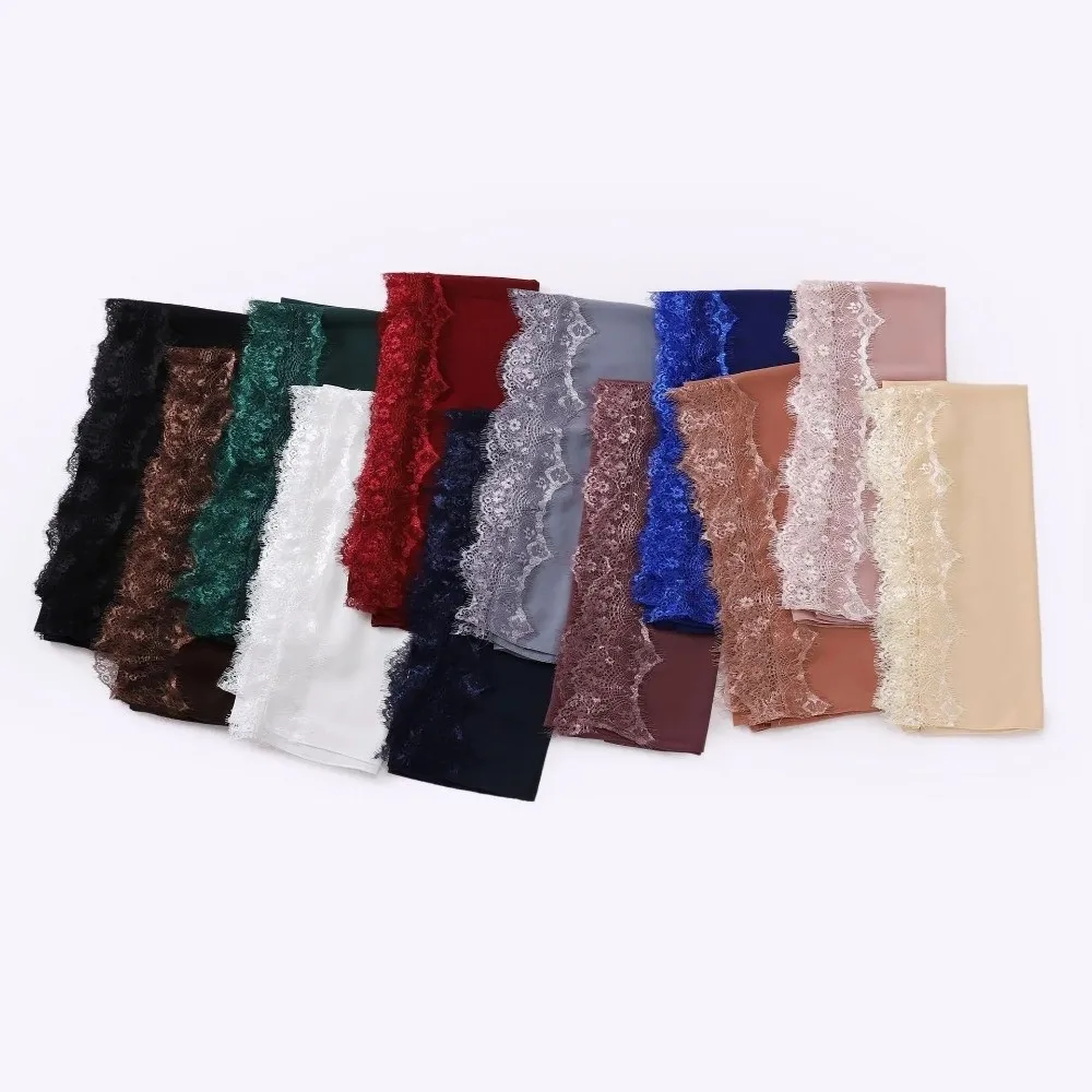 Vielseitiger Einfarbiger Seidenschal mit Spitzenkante Langer Chiffon-Hijab Weicher Atmungsaktiver Ramadan-Kopftuch Damen-Kopfbedeckung – Detail 5
