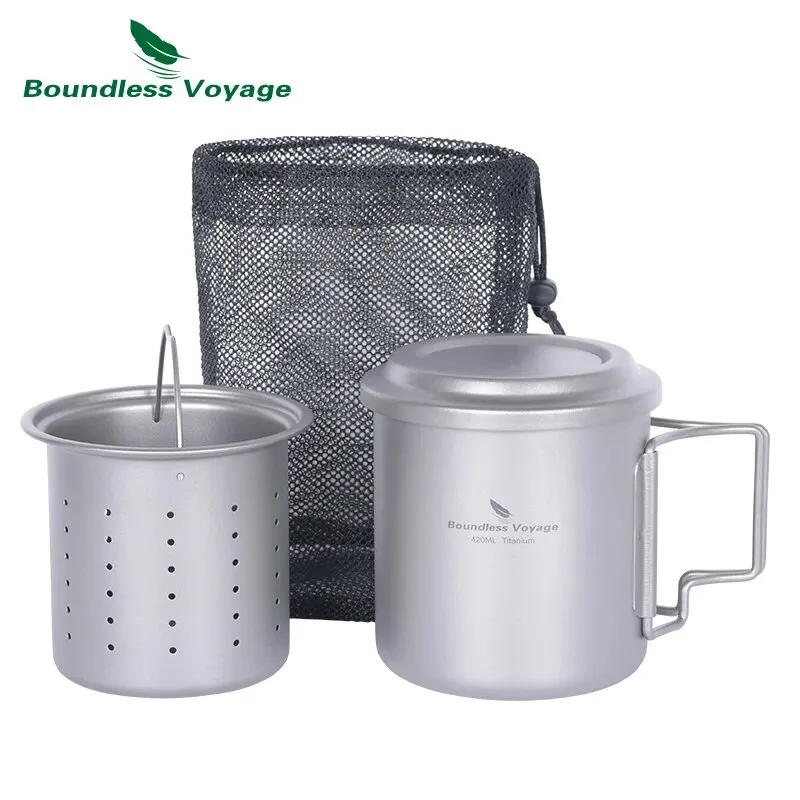 Boundless Voyage Camping Titanium Cup Portable Outdoor Mug with Filter Ultralight Camping Picnic Water Coffee Cup 420ml