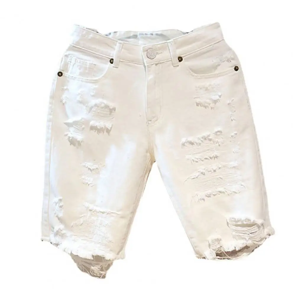 Summer Short Pants Hip Hop Button Zipper Closure Men Summer Short Jeans Ripped Hole Cotton Men Summer Shorts Men Clothes