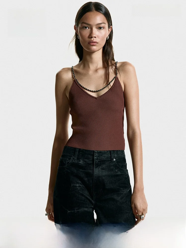 

H&M Summer Women's Chain Strap Top 1316123 Slim Fit Casual Style Regular Thickness Viscose Nylon Blend Comfortable Knitted Sw...