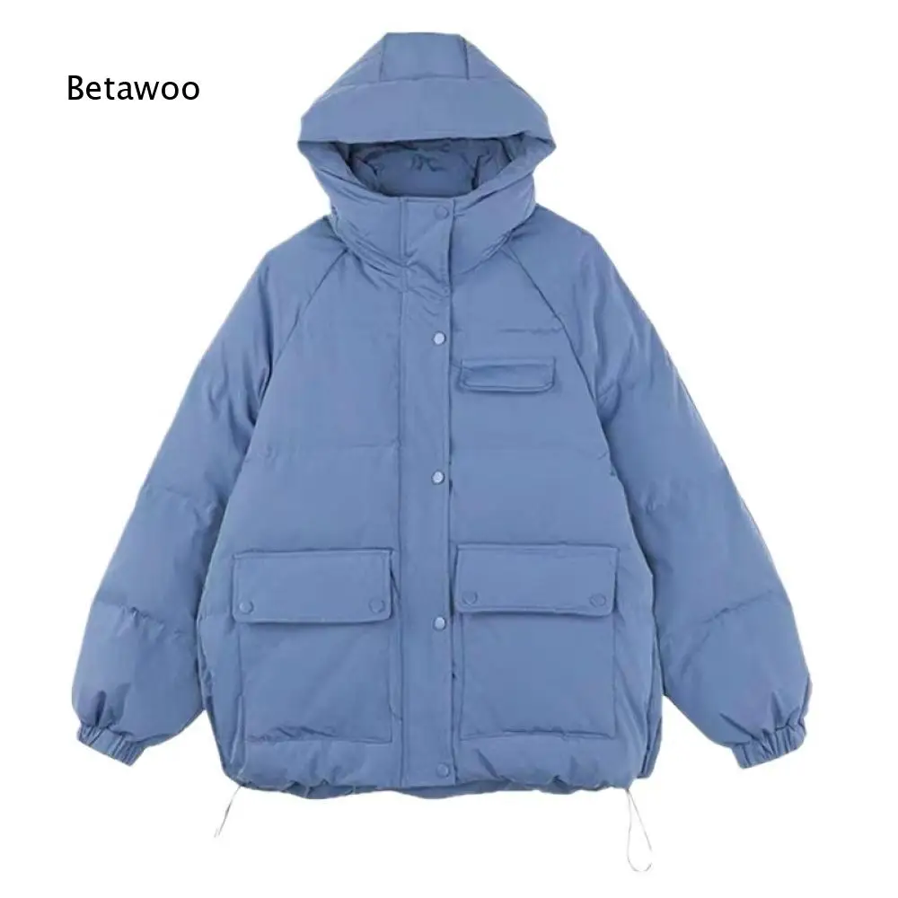 Womens Long Sleeve Short Hooded Puffer Jacket Solid Tone Loose Style Zip Button Front Outer Coat With Multi Functional Pockets