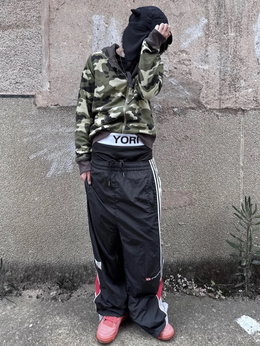 

High Quali Ailz Project Nylon Side Stripe Elastic Waist Sports Casual Pants ex Trendy Straight Leg Cotton Polyester ...