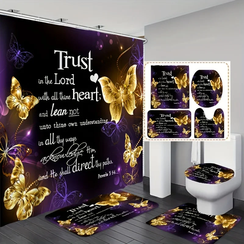 Polyester Bathroom Set with Inspirational Quote and Golden Butterflies Design - Machine Washable, Fade-Resistant Bath Ensemble w