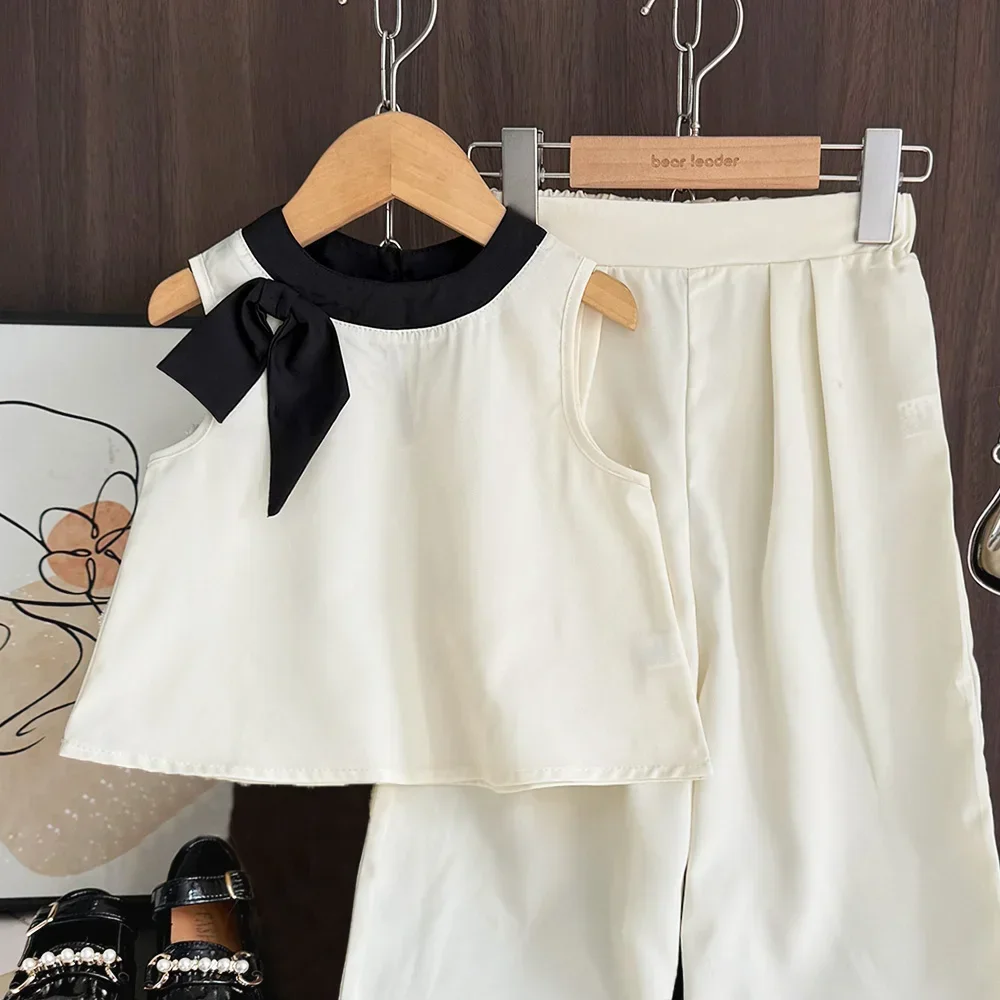 Bear Leader 2025 Summer Korean Version 3-7 Years Girls Suit 3D Bow Sleeveless Top+wide Legs Pants 2-Pcs Set  New Kids Clothing image 5