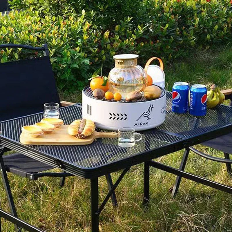 Mesa de camping al aire libre, mesa plegable de malla de hierro, mesa de camping portátil con estante elevador.