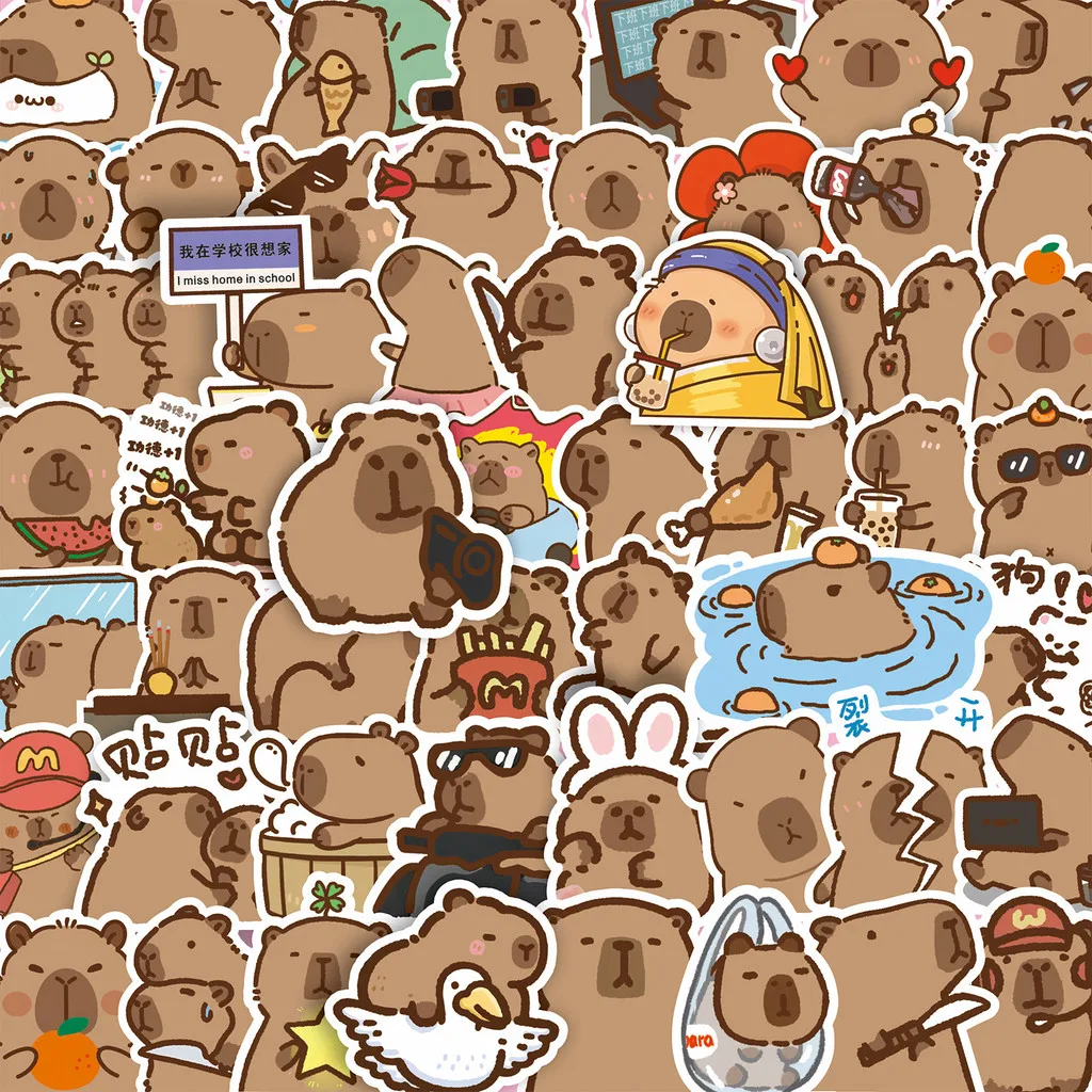 100 pièces autocollants Capybara mignons-autocollants imperméables animaux multicolores à la mode pour décor de coque de téléphone (magasin Anime Worlds)
