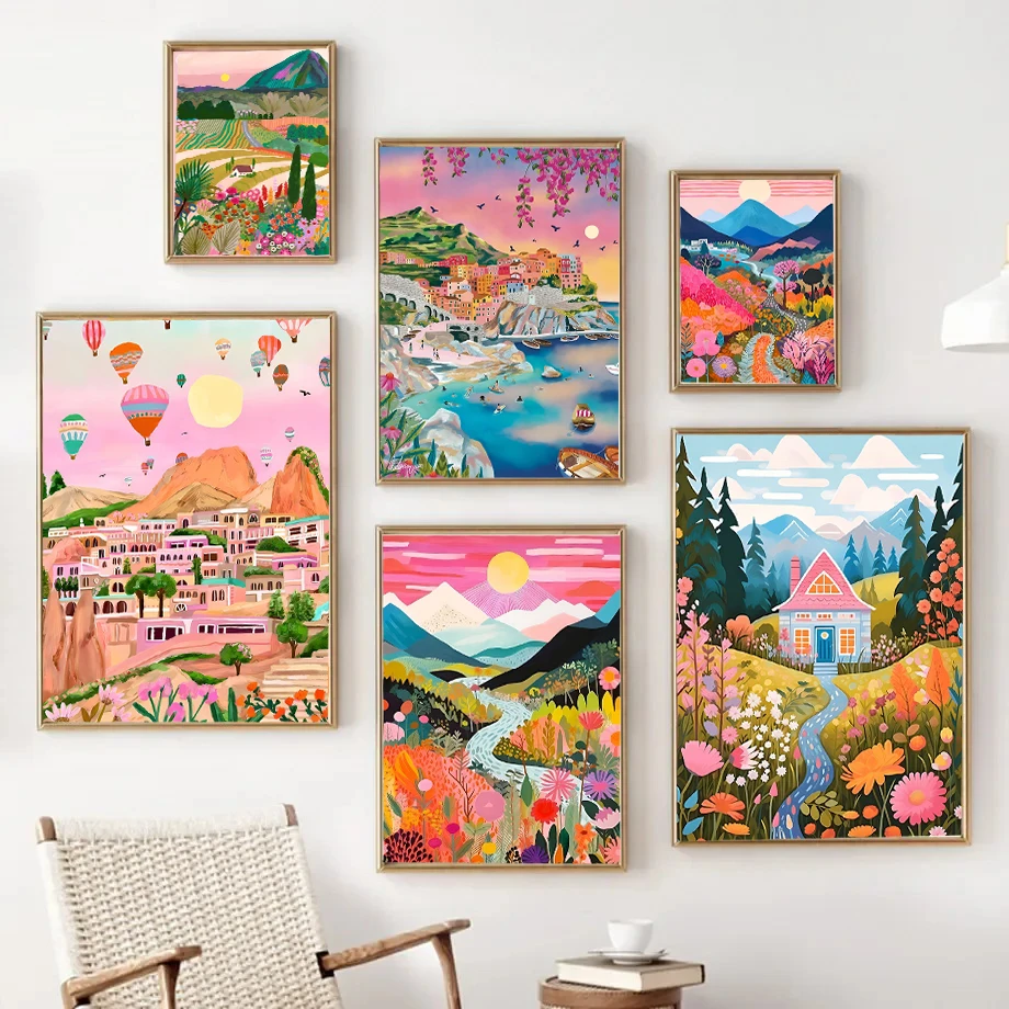 Poster Nature Landscape Travel Decor Poster HD Quality Wall Art Retro Posters for Home Room Decor Flowers Mountain Lake Colorful