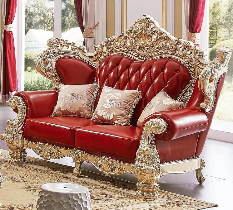 

*# European Living Room Sofa Furniture Set Classic Royal Carved Solid Wood Frame Leather 1 2 3 Seater Sectional Wedding Sofa