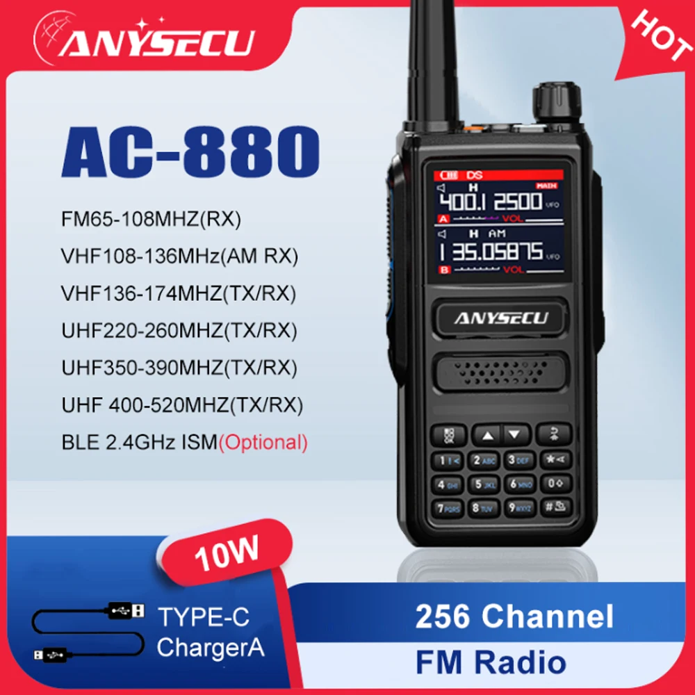 Anysecu AC-880 10W Walkie Talkie Ham Two-way Radio High power Walkie-talkies Profesional UHF VHF USB Type C Charger FM radio