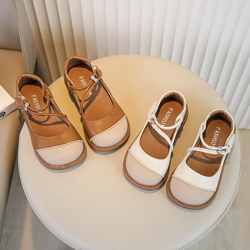 

Kids Flat Shoes Round Toes Children Leather Shoes Hook&loop 2025 New Fashion Sweet Girls Princess Shoes Non-slip Soft Sole Chic