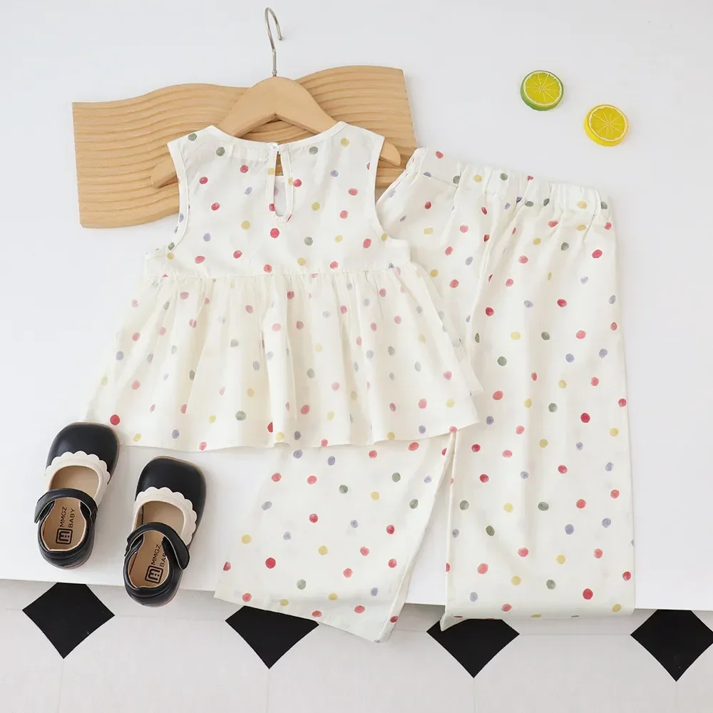 Summer Mesh Kids Sets Sleeveless Polka Dot Top + Wide Leg Pants 2 Pieces Suits Girls Clothing Casual Outfits 3-7 Y