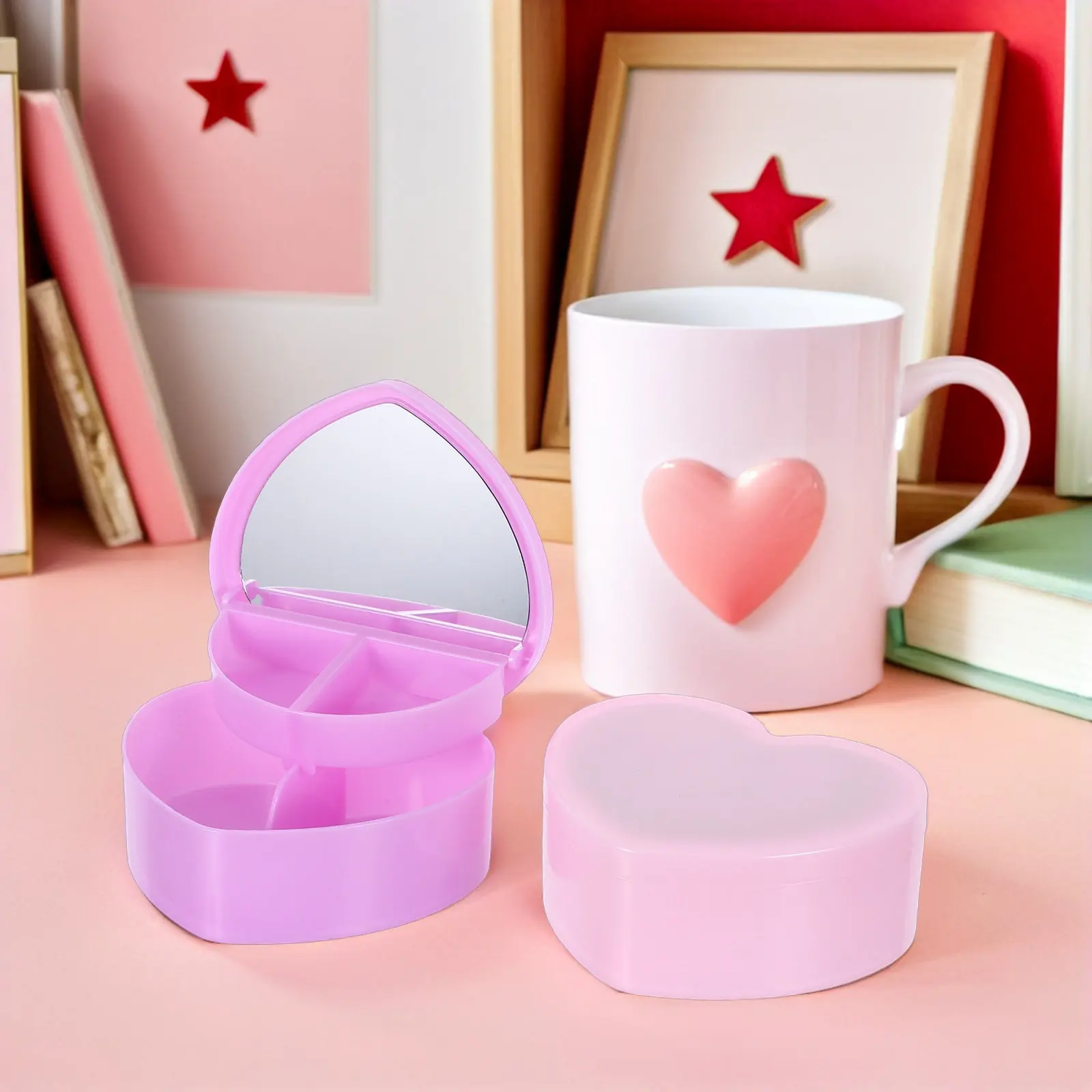 

2Pcs Heart Shaped Jewelry Box Double Layer Storage Organizer Mirror Jewelry Storage Box Girls Hair Accessories Teen Holder