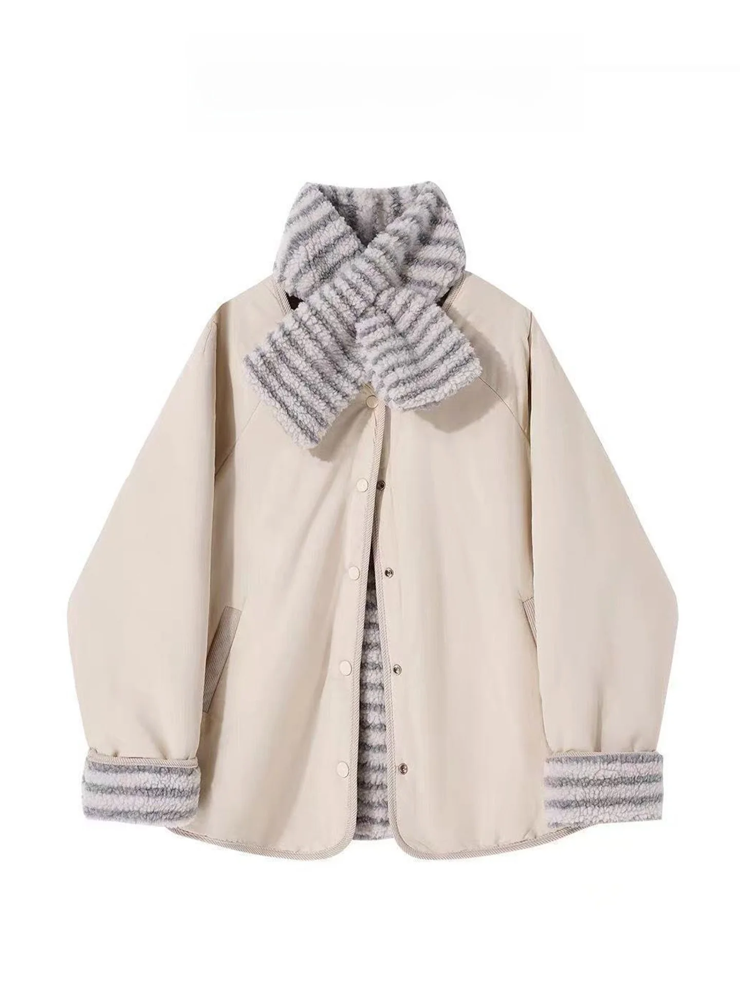 

Korean Retro Double-Sided Wear Fce Cotton Jaet Women Winter Thi Warm Stripe Scarf Cotton Coat Trendy V-ne Single-button