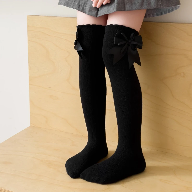 Skin-Friendly Stretchy Socks For Girls Sweet Satin Ribbon Double Layer Big Bow Decoration Lightweight Fabric Over The Knee Socks