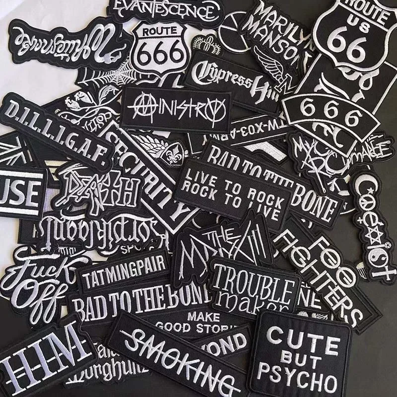 Punk Metal Rock Band black Applique,Repair Sticker Thermocollant,Fabric Letter Embroidery Badges Iron On Patches For Clothing