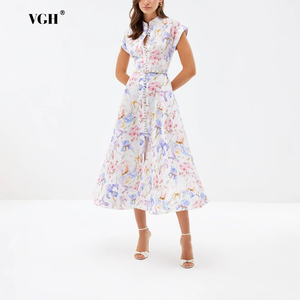 

VGH Printing Patchwork Sashes Midi Dress for Women Stand Collar Flying Sleeve High Waist Spliced Single Breasted Dresses Female