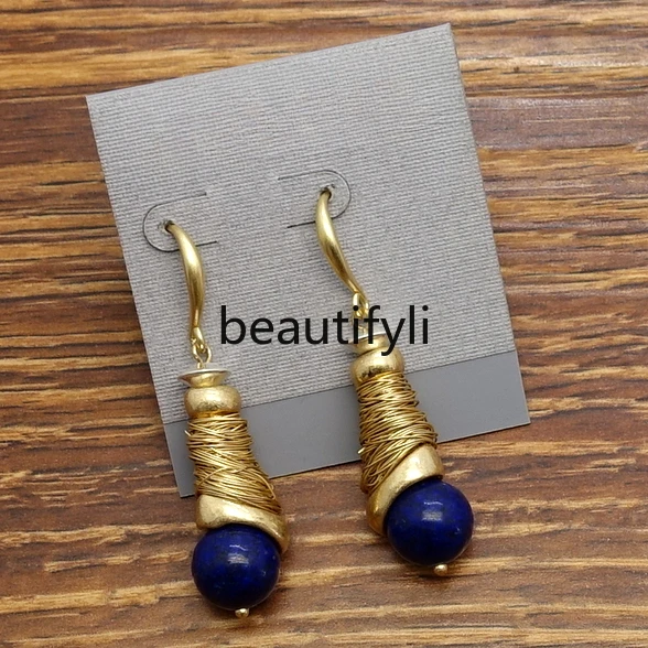 

lapis lazuli pure handmade silk-twisted designer Mori Nu literary and artistic fan earrings pendant jewelry